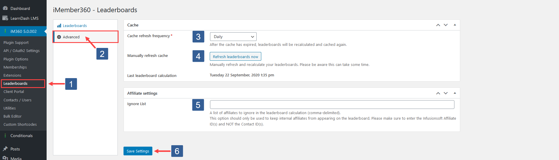 Steps for setting options for calculating the affiliate leaderboards