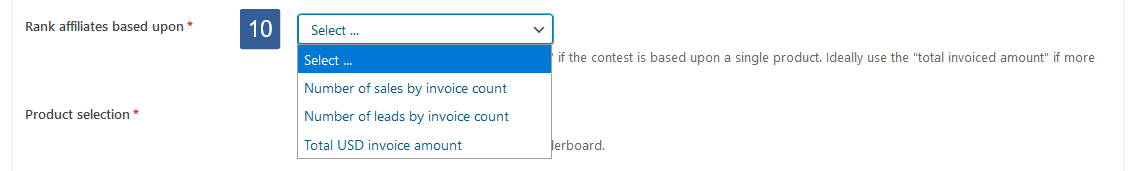 Steps for choosing the ranking criteria for an affiliate leaderboard