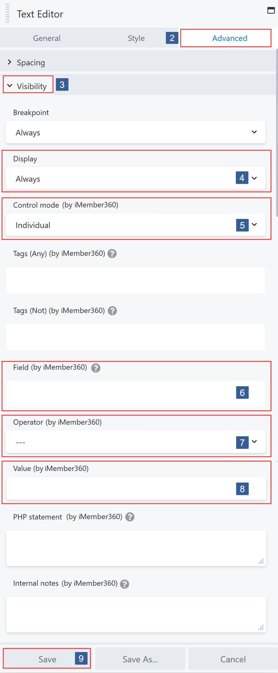 Steps for specifying visibility conditions for Beaver Builder Module/Column/Row based upon contact field value