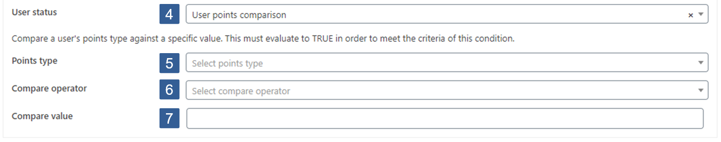 Steps for specifying GamiPress user status user points comparison condition