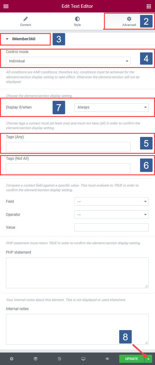Steps for specifying conditions for Elementor Widget/Section display based upon contact tag/tags