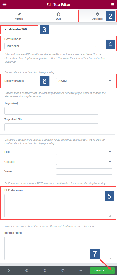 Steps for specifying conditions for Elementor Widget/Section display based upon conditional PHP statement