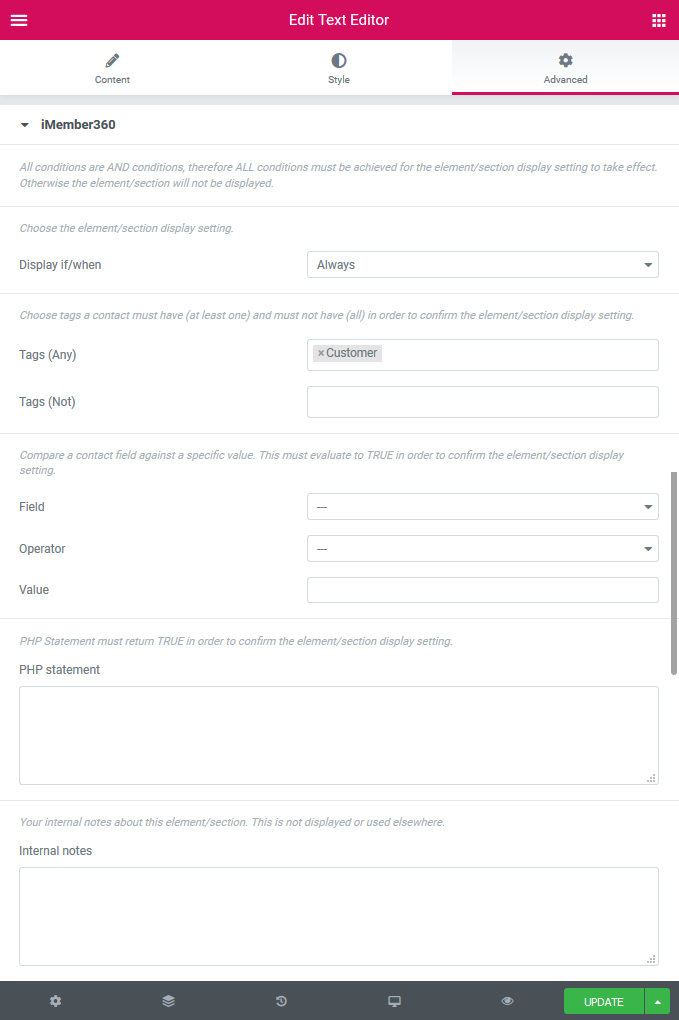 Elementor Element/Section Display Settings Example 1