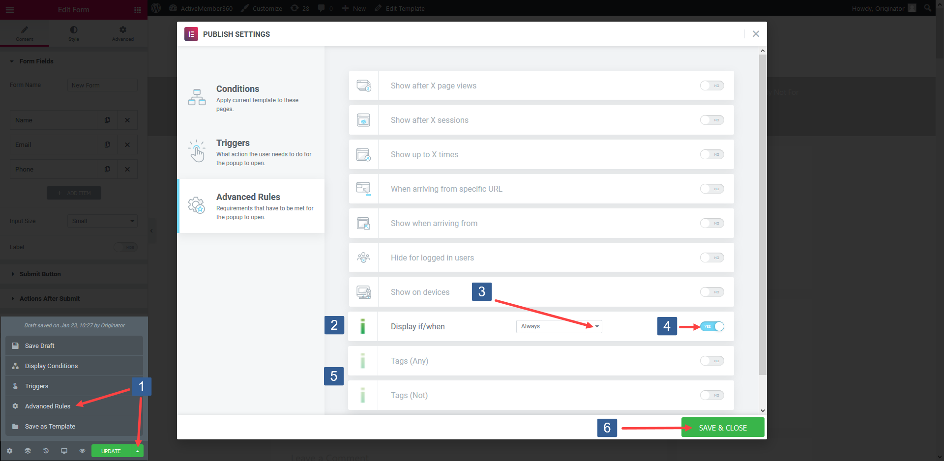 Steps for specifying Elementor Popup display settings