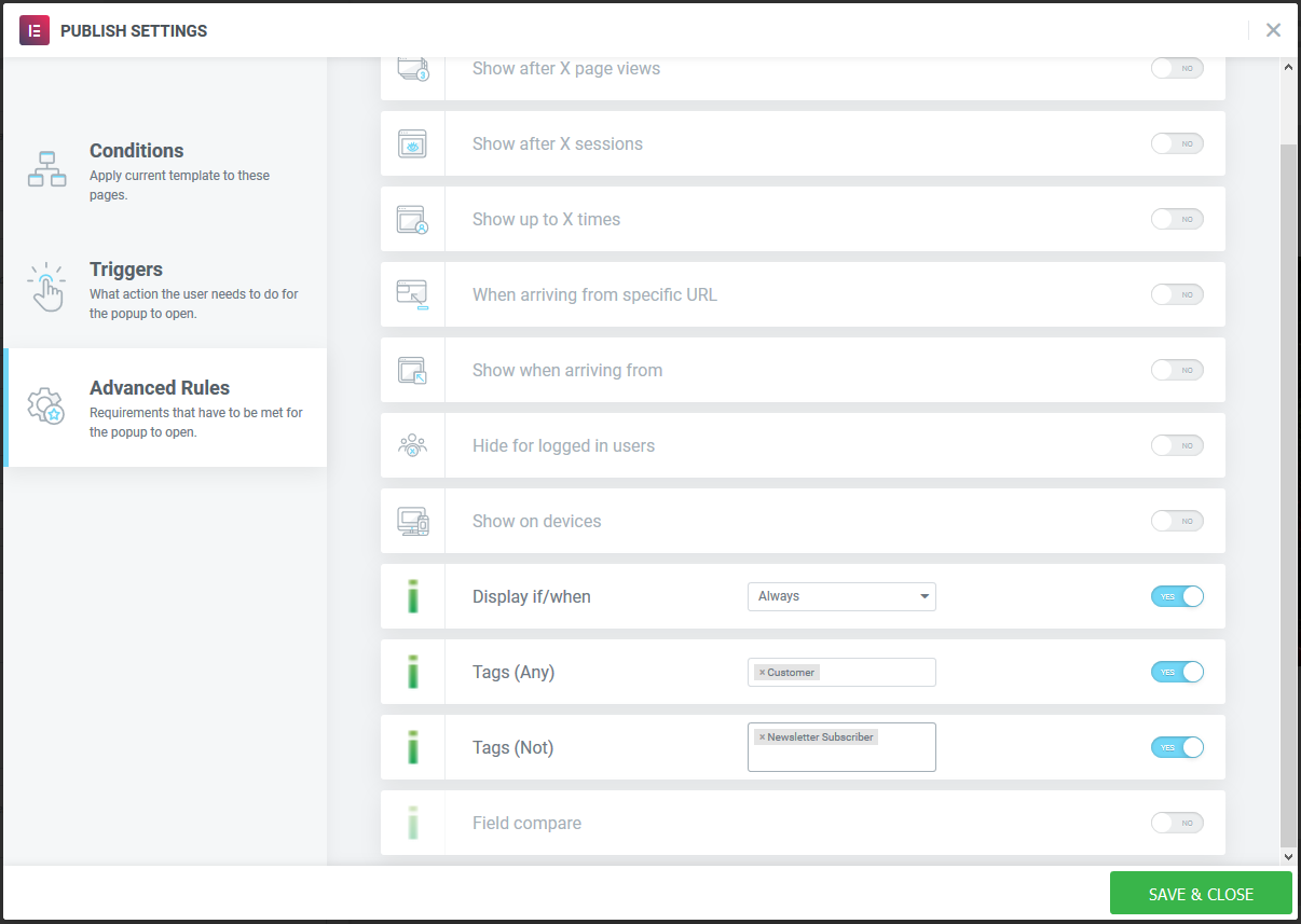 Elementor Popup Display Settings Example 2