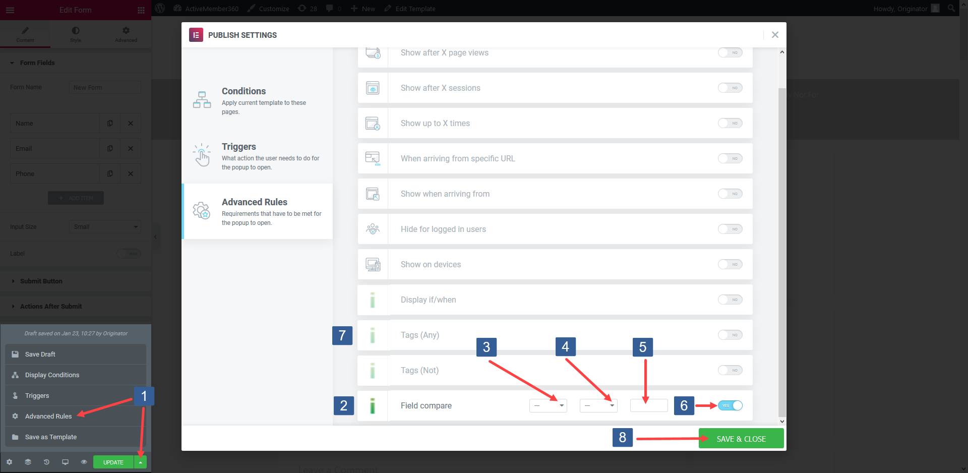 Steps for specifying Elementor Popup display based upon contact field value