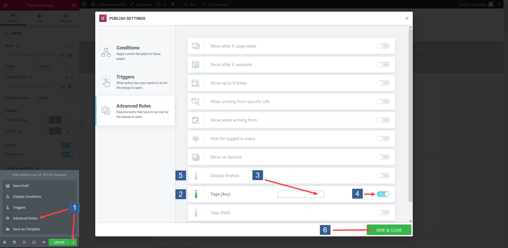 Steps for specifying Elementor Popup display based upon contact having tags