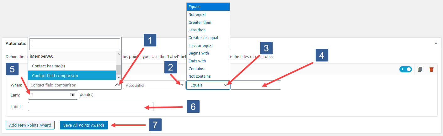 Configuring Add New Points Award For Contact Field
