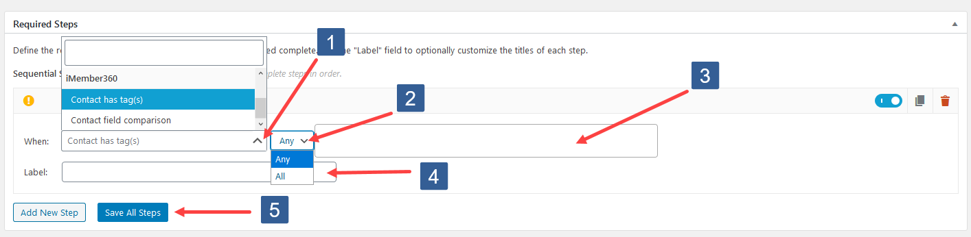 Configuring Add New Required Step For Contact Tag