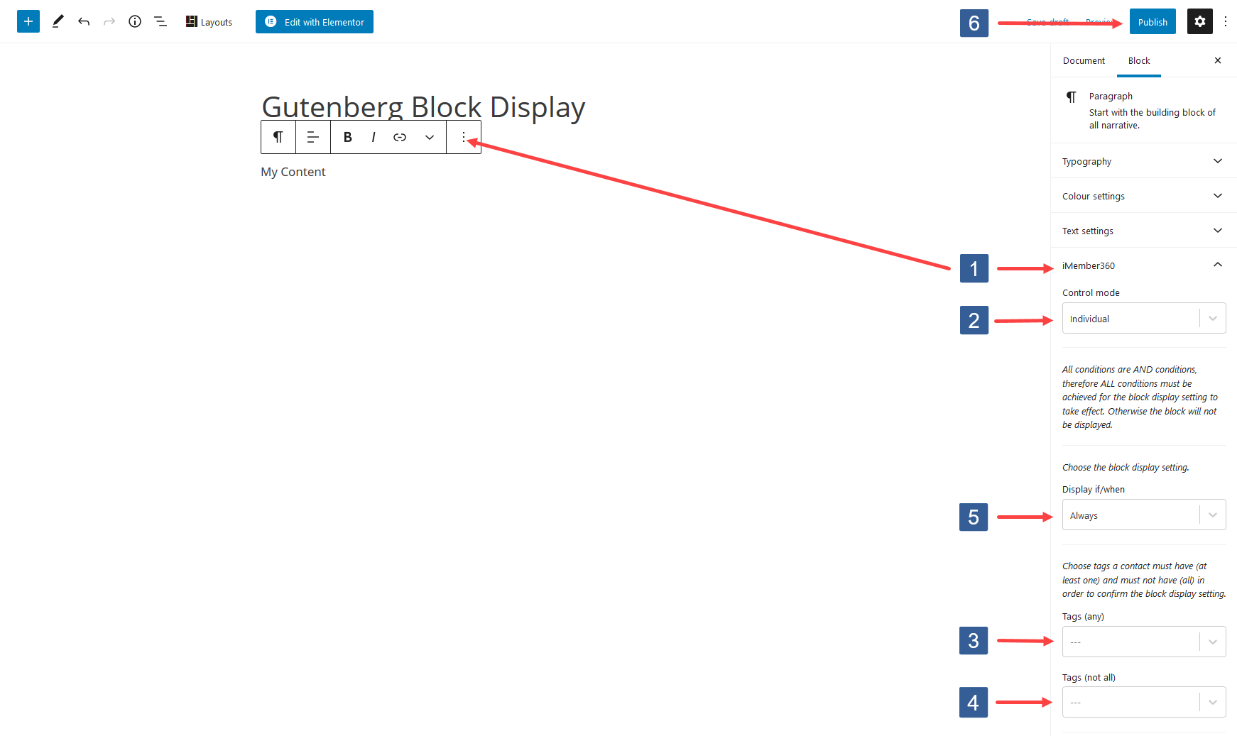 Specifying visibility conditions for block based upon contact tags