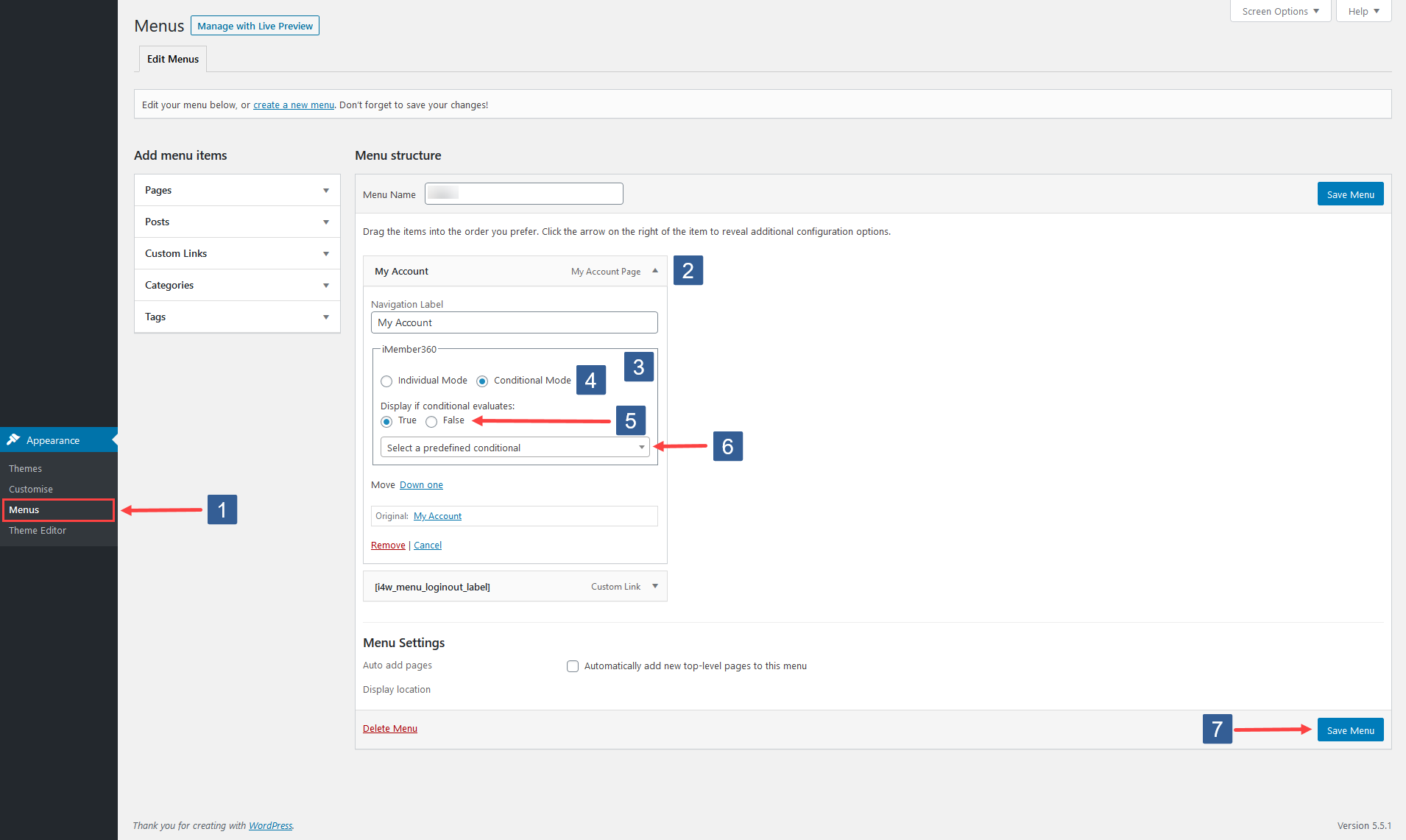 Steps to select the menu item and control the visibility based upon conditionals