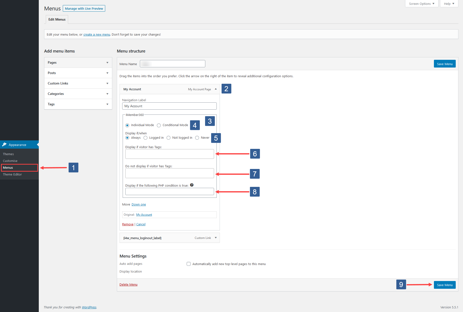 Steps to select the menu item and control the visibility based upon individual settings